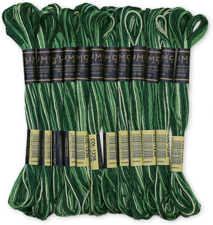 Pack of 12 Premium Embroidery Thread | 100% Egyptian Cotton Premium Skeins | Cross Stitch Embroidery Floss | Oeko TEX Certified Stranded Cotton | (Green Variegated 1236)