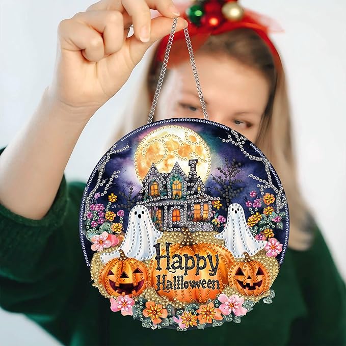 Pavemlo Hanging Diamond Art Kits for Adults Halloween Ghost – 8x8 Inch Double-Sided Acrylic Board DIY Crystal Diamond Suncatcher Pendant, Sparkling Home Wall or Window Decoration Handmade Gifts