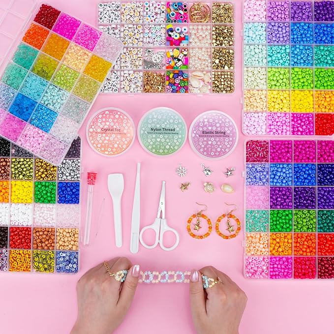 Friendship Bracelet Kit 3mm Seed Beads, 30000 Pcs 8/0 96 Colors Small Glass Beads Embroidery Kit with Letter Bead Charms for Jewelry Making Gifts Necklaces Waist Beads DIY Arts and Crafts for Adults