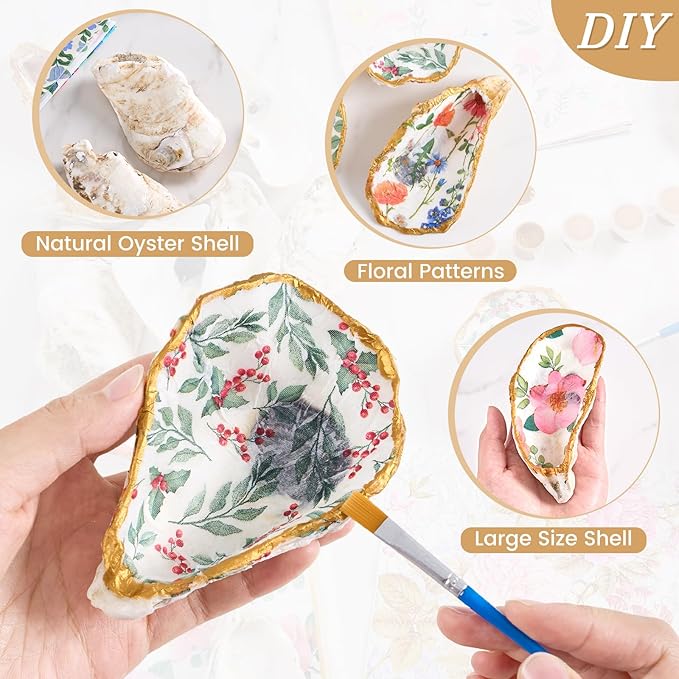 APUDWN 16 Set Natural Oyster Shells for Crafts 4-5 Inch Flat Oyster Shell Kits Drilled Includes Floral Chinoiserie Decoupage Napkins Glue Paints Twine Brushs for DIY Arts Hanging Ornaments