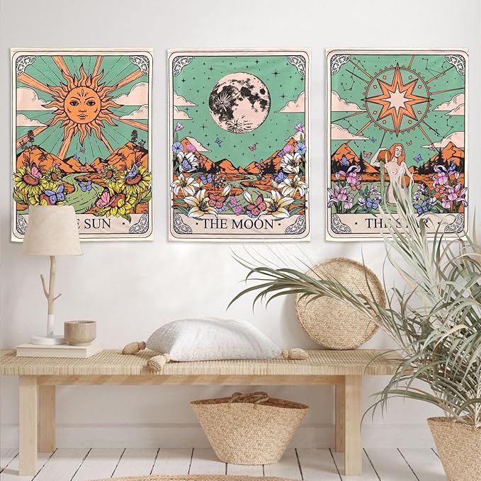 aipon tarot tapestry cute tarot card tapestries 3 pack sun moon star green floral flower small aesthetic tapestry wall hanging for bedroom living room dorm (20'' × 27'')