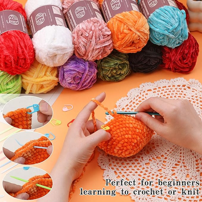 LUNARM Chenille Yarn for Crocheting Knitting, 3 Skein 263 Yard Thick Soft Chunky Fluffy Weaving Plush Yarn for Blankets Clothes Pattern Creations with Big Eye Needles (Black)