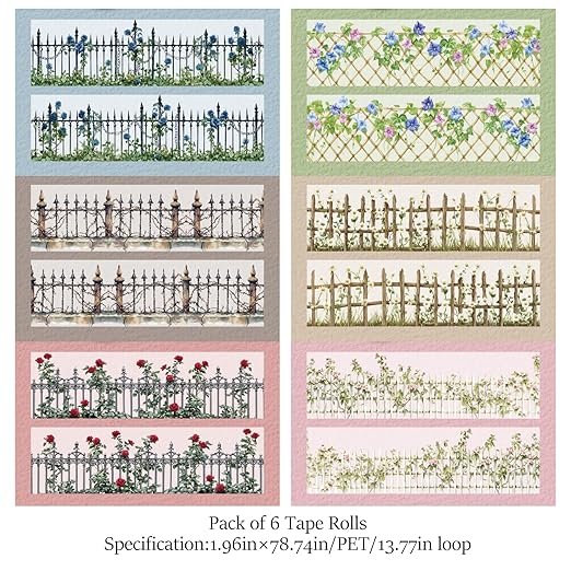PET Tape Stickers for Journaling Supplies,6 Rolls of Vintage Flower Fence Themed Scrapbooking Tape Stickers for Journaling, Junk Journal Supplies, DIY Crafts (Wall)