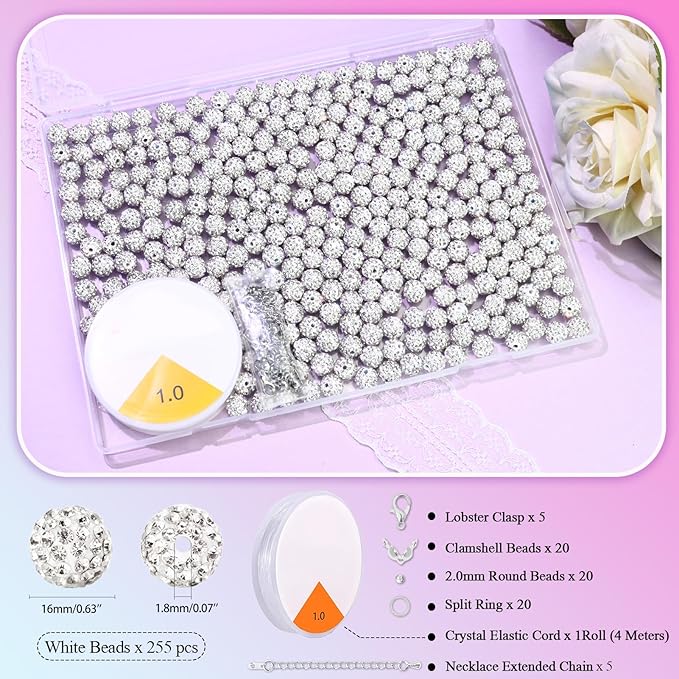 Dowarm 255PCS 10mm Rhinestone Beads for Baseball Necklace Bracelet Jewelry Making, White Rhinestone Clay Beads for Crafts Beaded Pen, Round Polymer Clay Shamballa Pave Disco Diamond Bead