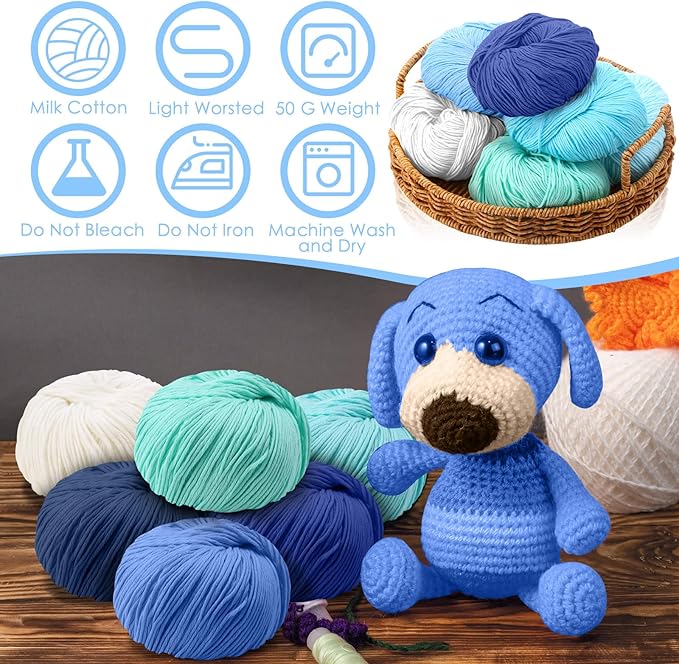 16 Skeins Cotton Yarn for Crocheting Knitting Soft Fine Clothes Cotton Blankets Yarn Bulk Assorted Colors for DIY Craft, Each 50g/185yard, 16 Colors(Blue Series)