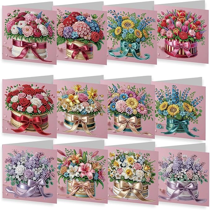 12 Packs Diamond Art Cards Kit, Diamond Painting Greeting Cards with Envelopes, DIY Card Making Kits for Adults, Gifts for Families, Friends, Partners (Bouquet)