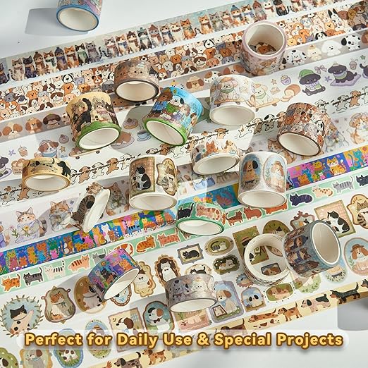 Cat Dog Washi Tape Set 20 Rolls, Cute Decorative Masking Tape for Junk Journal and Scrapbooking, DIY Crafting Supplies