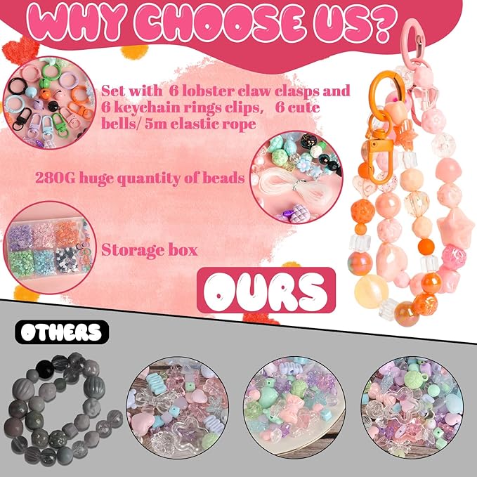 RYKOMO 600-700PCS Acrylic Beads for Bracelet Making Kit, with Bell, String, Key Rings, Clips in 6 Colors Kawaii Aesthetic Cute Beads for Jewelry Making, Keychains, Phone Charms, DIY Crafts