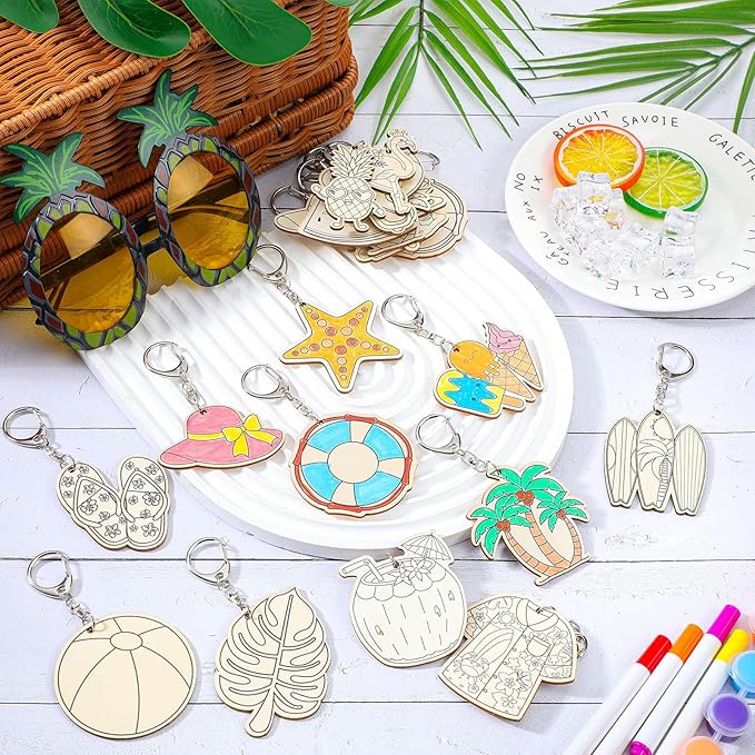 Trnayi 36 Pcs Summer Unfinished Wooden Keychains Color Your Own Beach Fruit Keychains Tropical Hawaiian Luau Blank Wood Painting DIY Crafts for Summer Party Activities Arts Project Decor