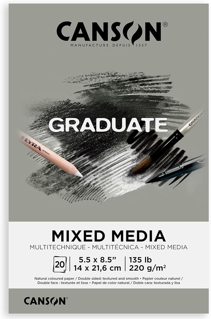 Canson Graduate Grey Toned Mixed Media Pad, Foldover, 5.5x8.5 inch, 20 Sheets | Artist Paper for Adults and Students - Watercolors, Mixed Media, Markers and Art Journaling