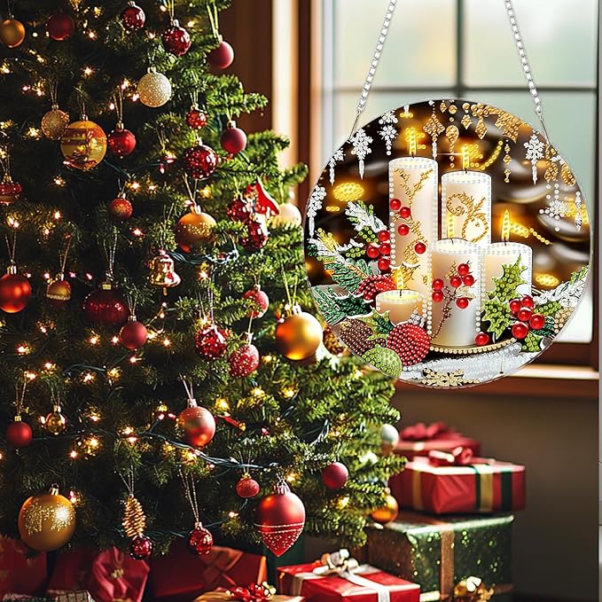 SENQAO Christmas Diamond Art Hanging Kits for Adults Kids, Christmas Candles Diamond Art Suncatchers, 5D Special Shape Diamond Painting Pendant Window Ornament Gifts for Home Door Wall Decor