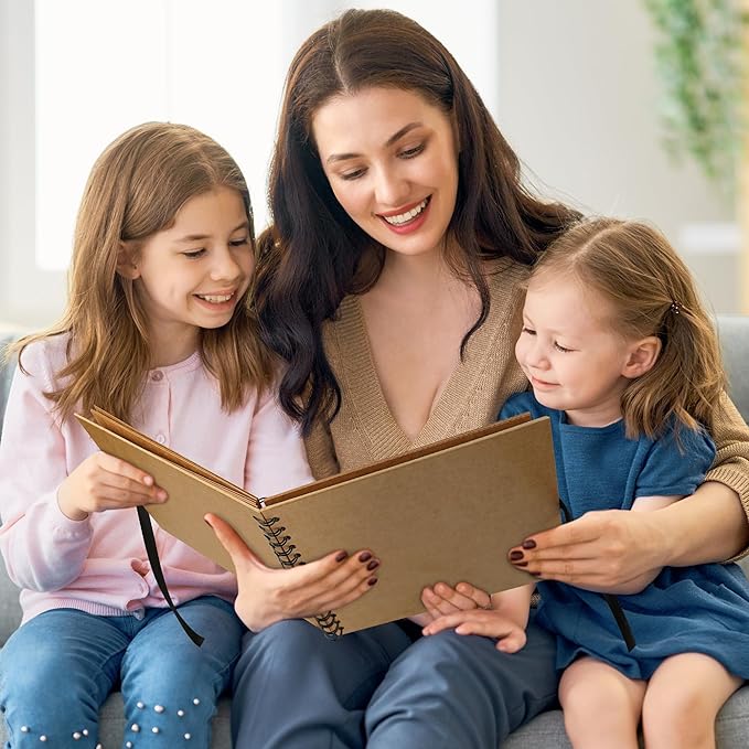 10×10 inch Scrapbook Photo Album DIY Picture Book 40 Pages, Thick Kraft Paper Scrap Book Album with Silk Ribbon Wedding Guest Book Memory Book for Baby, Family, Travel (Khaki)