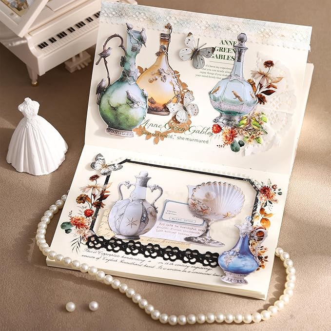 Rococo Vintage Bottle Sticker Pack, Thick Cardstock Laser Die-Cut No White Border – 32pcs Self-Adhesive European Glassware Decor for Scrapbook Journal Planner Collage