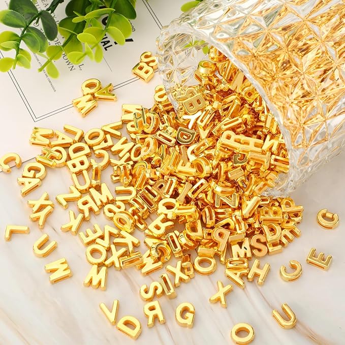 Augshy 700Pcs Gold Large Letter Beads,A-Z Mixed Big Alphabet Shape Beads for Jewelry Making Bracelets Necklaces Key Chains Shoelaces Crafts Party Decor(9 x 12 mm)