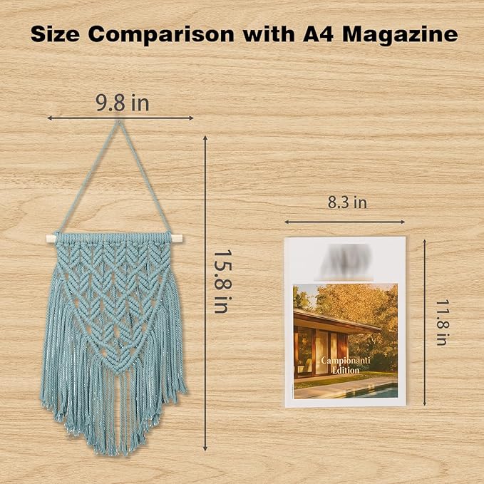 small macrame wall hanging decor boho tapestry for bedroom living room dorm nursery and office, cute aesthetic wall art for small spaces for teen girls and home decor (light blue, 16*10 inch)