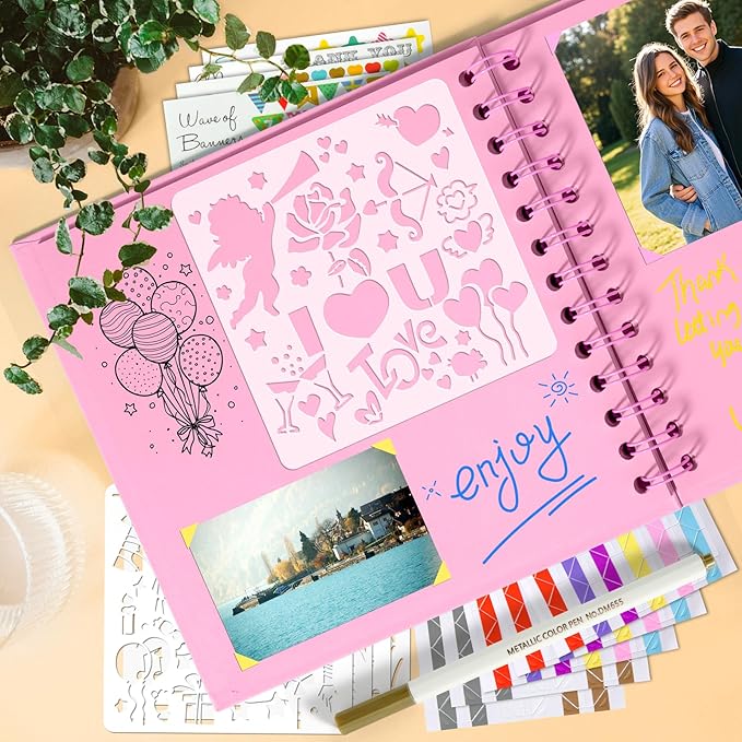 GOTIDEAL 8 x 8Inch Scrapbook Album,40 Pages Kraft Paper Photo Albums for Wedding&Anniversary,Family DIY Scrap Book Kits with Metallic Markers&Scrapbooking Stickers Corners(Pink)