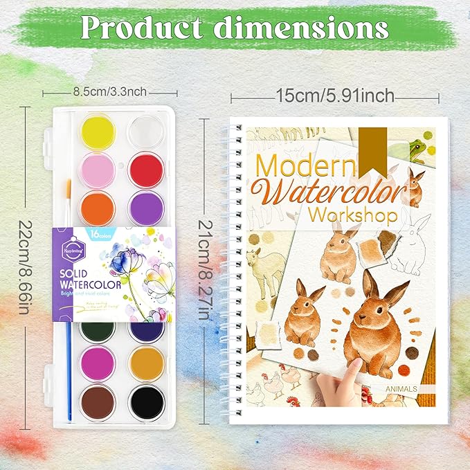 Beginners Watercolor Workbook for Adults -Step-by-Step Coloring Book Set-12 coloring book pages - Includes 16 color blocks and a brush - Professional Watercolor Paper: 300gsm/140lb (Animals)