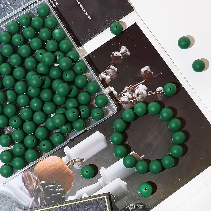 120pcs Richbunnys 15mm Bulk Silicone Beads for Pens and Keychain Making,Large Bead for Necklace and Bracelets Making,Assorted Rubber Beads Set（Dark Green）