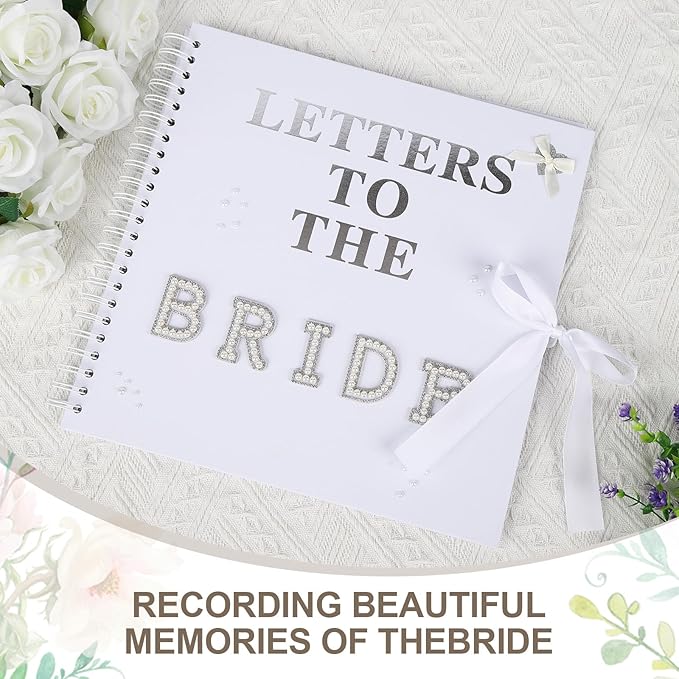 12 x 12 Inch Letters to The Bride Scrapbook Wedding Scrap Book Letters To The Bride Book Bridal DIY Blank Paper Scrapbook Photo Album with Pearl Stickers, Metallic Letters, Bows(White)