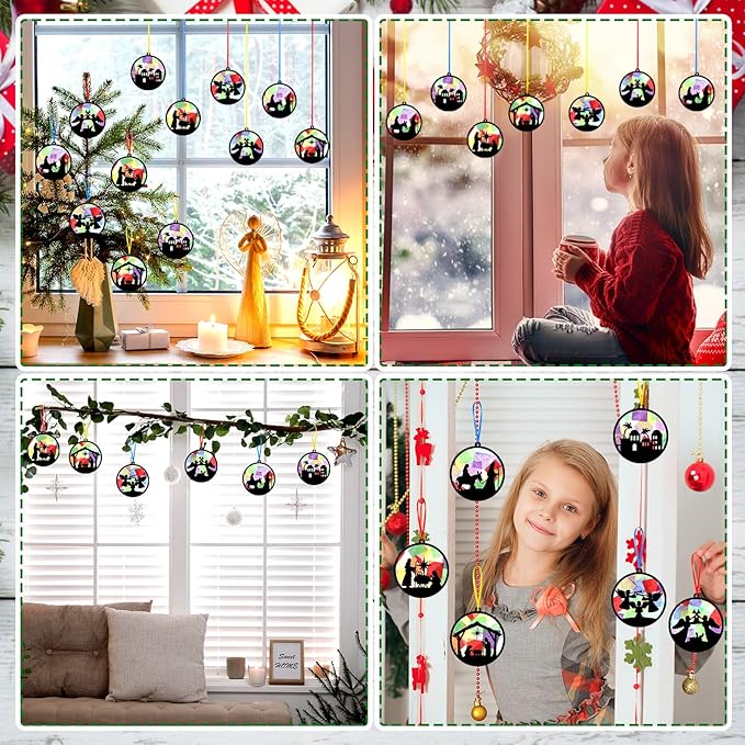 AmazingSpark 30 Pcs Christmas Nativity Ornaments Crafts Kits Bulk Christian Nativity Suncatchers Art Xmas Birth of Jesus DIY Stained Glass Effect Tissue for Religious Church Classroom Activities Party
