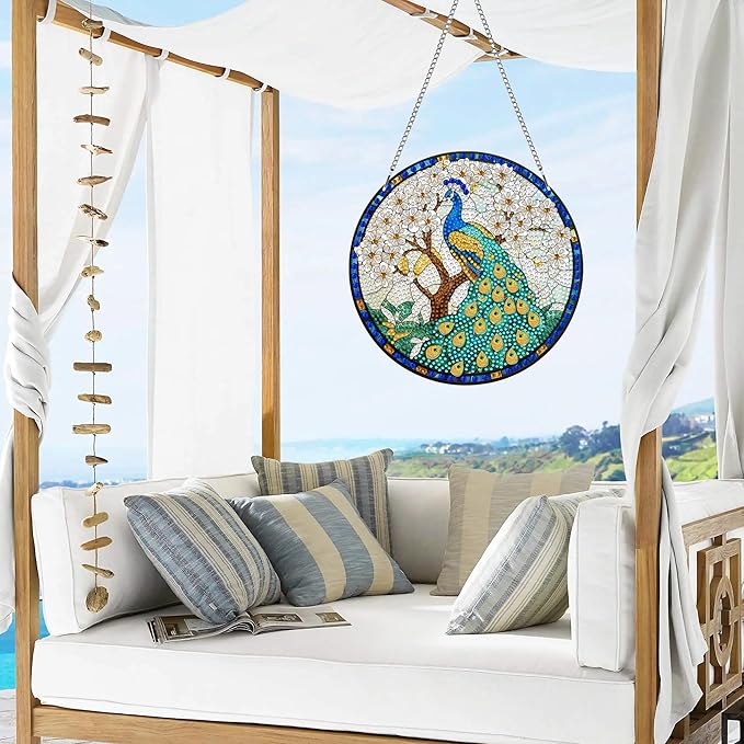 VAIIEYO Peacock Diamond Painting Hanging, Bird Animal Diamond Painting Suncatchers Window Hanging Kit with Chain, 7.5x7.5 inch Crystal Pendant Art Craft for Gift Home Wall Front Door Decoration