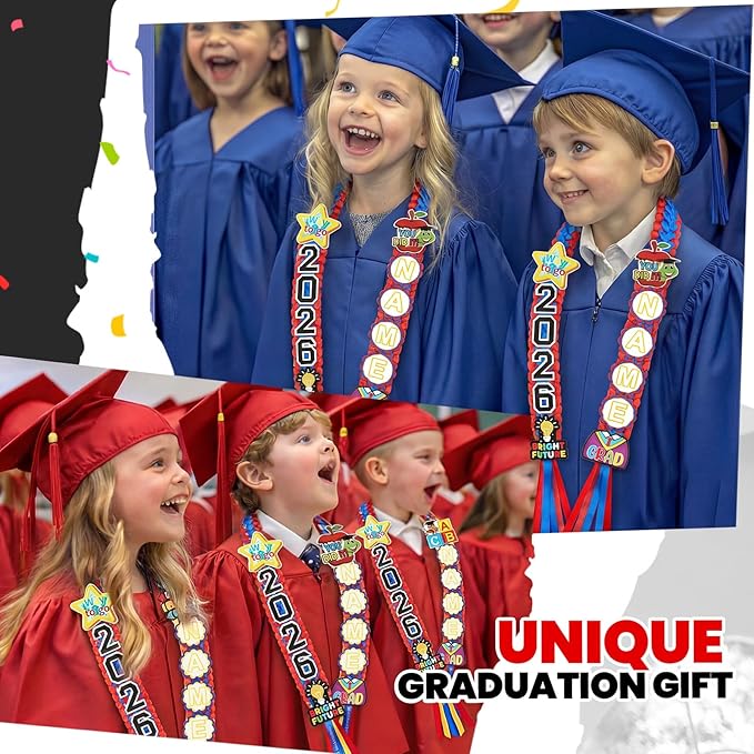 Juexica Kindergarten Graduation Ribbon Leis Class of 2026 Braided Necklace Making Kit with Alphabetic Decorative Cards Preschool Kids Grad Graduation Party Gifts(Red, Blue)