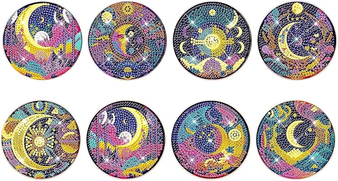 EWJRNSF 8 PCS Small Diamond Painting Coasters Kit, Fall Art Coasters for Adults Beginners, Arts and Crafts Supplies Item Sets Not with Holder Moon