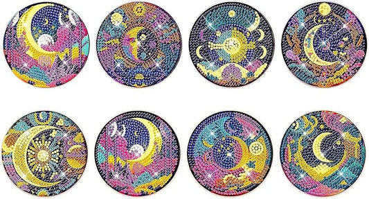 EWJRNSF 8 PCS Small Diamond Painting Coasters Kit, Fall Art Coasters for Adults Beginners, Arts and Crafts Supplies Item Sets Not with Holder Moon
