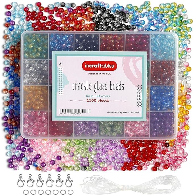 Incraftables Crackle Glass Beads 1100pcs 24 Colors. Crystal Beads for Jewelry Making Kit (6mm) for Bracelets Making for Kids & Adults with Elastic String & Organizer.