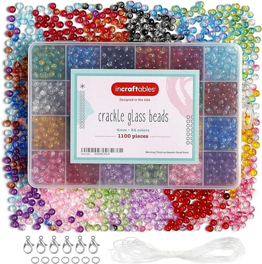 Incraftables Crackle Glass Beads 1100pcs 24 Colors. Crystal Beads for Jewelry Making Kit (6mm) for Bracelets Making for Kids & Adults with Elastic String & Organizer.
