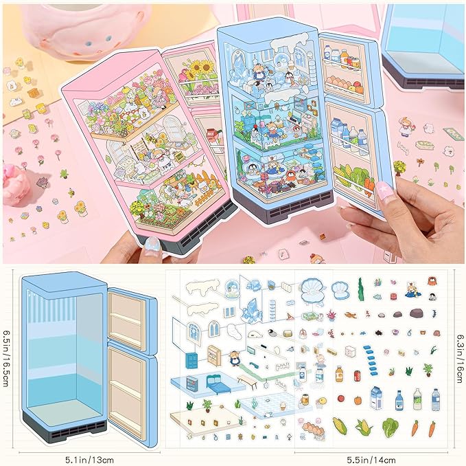 4 Sets DIY 3D House Scene Stickers, Fridge-Themed, Scene Miniature Stickers, Cute Cartoon Scenes for Women Girls Teen Kids, Make Your Own Sticker, Fun Room Sticker Book Relief Stress Pass The Time