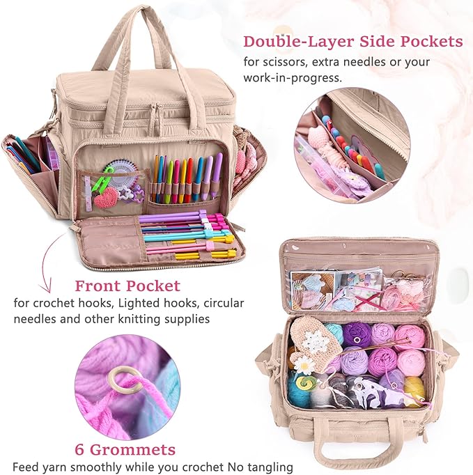 MYBAGZING Large Knitting & Crochet Bag Organizer for Yarn Storage, Double-Layer Knitting Project Bag with 6 Grommets, Yarn Organizer Tote for Knitting Supplies Crochet Hooks & Accessories Gift for Mom