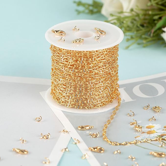 YOUBEIYEE 16.4 Feet Light Gold Jewelry Chain Bulk 18K Gold Plated Brass Chain Tiny Pig Nose Chain Necklace DIY Jewelry Chain Roll with Jump Rings and Lobster Clasps