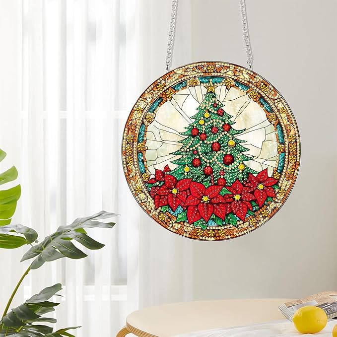 Reofrey Hanging Diamond Art Kits for Adults - 8x8 Inch Christmas Tree Acrylic Board Double Sided Pattern Diamond Art Suncatcher Pendant, Crystal Art for Home Wall Window Decoration Handmade Gift