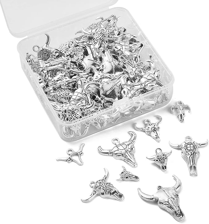 DanLingJewelry 100Pcs 10 Styles Antique Silver Cow Charms Western Cattle Head Charms for Jewelry Craft Making