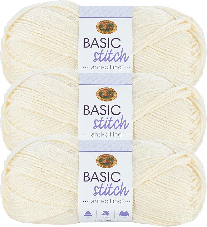 Lion Brand Yarn Basic Stitch Anti-Pilling Yarn for Crocheting, Knitting, and Crafts, Ecru, 3 Pack