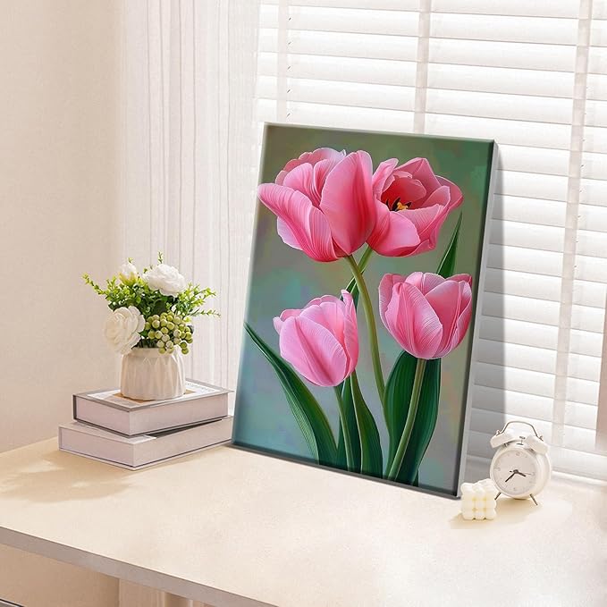 ATDMS Paint by Numbers Kit for Adults with Frame Flowers Paint by Number with Easel DIY Tulip Adult Paint by Number Kits Oil Painting Kits for Gift Home Wall Decor 8x12 Inch