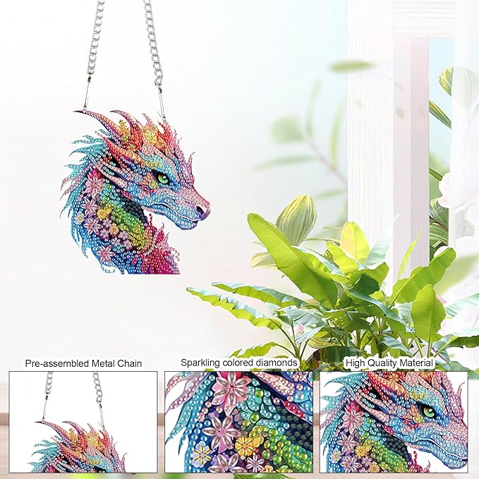 AiYuanzsh Colorful Dragon Diamond Art Painting Hanging Decor – DIY 5D Crystal Rhinestone Art Kit for Adults, Fantasy Window Wall Ornament Craft Gift