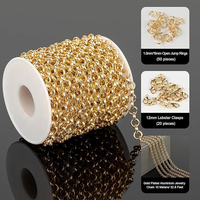 YOUBEIYEE 10 Meters Gold Plated Chain for Jewelry Making, Aluminum Rolo Necklace Chain for Men and Women Lightweight Craft Chain Roll