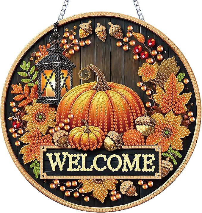 NEGEKFKX Fall Diamond Art Hanging Pendant Kits,Pumpkin Special Shape Diamond Art Kits for Adults,Double Sided Hanging Acrylic Ornament Kit,Pendants Home Garden Wall Hanging Kits Hanging Ornament