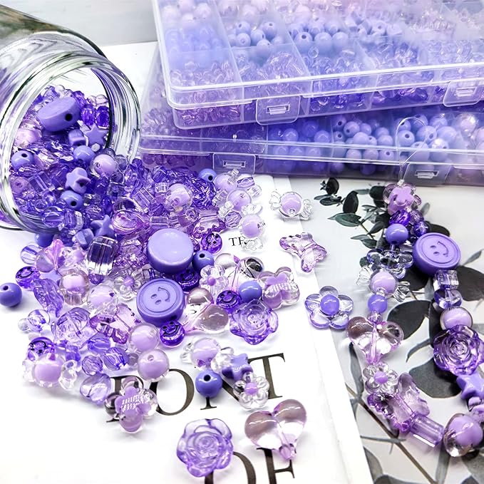 450Pcs Purple Series Acrylic Assorted Beads Flower Heart Star Smile Butterfly Mickey Candy Pastel Beads Plastic Cute Round Bead Bulk for Bracelets Jewelry Making Necklaces DIY Crafts