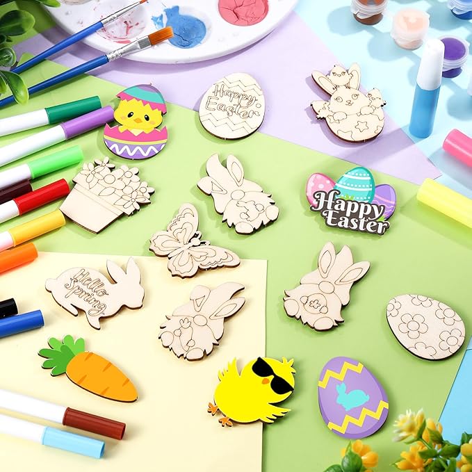 Relaxweex 24 Pcs Easter Spring Wooden Magnets Painting Craft Kit Glow in the Dark Spring DIY Art Crafts Supplies Fridge Magnets Coloring Kits for Easter Home Activities Gifts Party