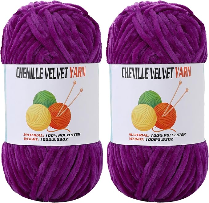 2 * 100g Velvet Chenille Chunky Yarn, Handcrafts Weaving Soft Chenille Yarn for Crocheting Clearance, Used for Making Baby Yarn Blanket, Clothes, Knitting Creations (Purple)