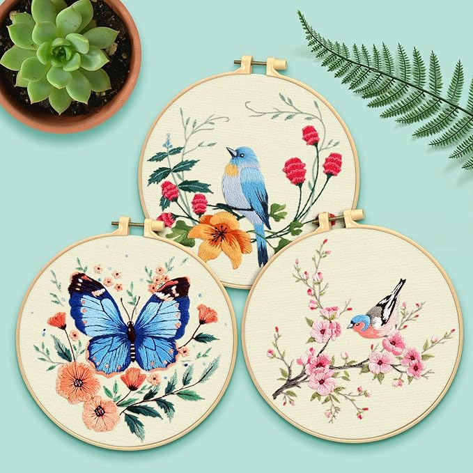 ERKOON 5 Sets Embroidery Kit for Beginners, Hummingbird Cross Stitch Set for Include Embroidery Cloth Hoops Threads for Craft Lover Hand Stitch (Hummingbird and Butterfly)