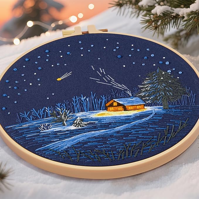 Christmas Embroidery Kits for Beginners Adults, Winter Hand Embroidery Starter Kits, Christmas Cross Stitch Kits for Beginners Needlepoint DIY Kits for Adults, Embroidery Hoop, Thread & Video Tutorial