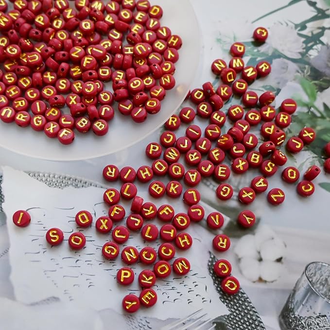 Amaney 1000pcs Red Letter Beads Gold Beads 7x4mm for Jewelry Making Bracelet Hair Braids Crafts Christmas Decorations
