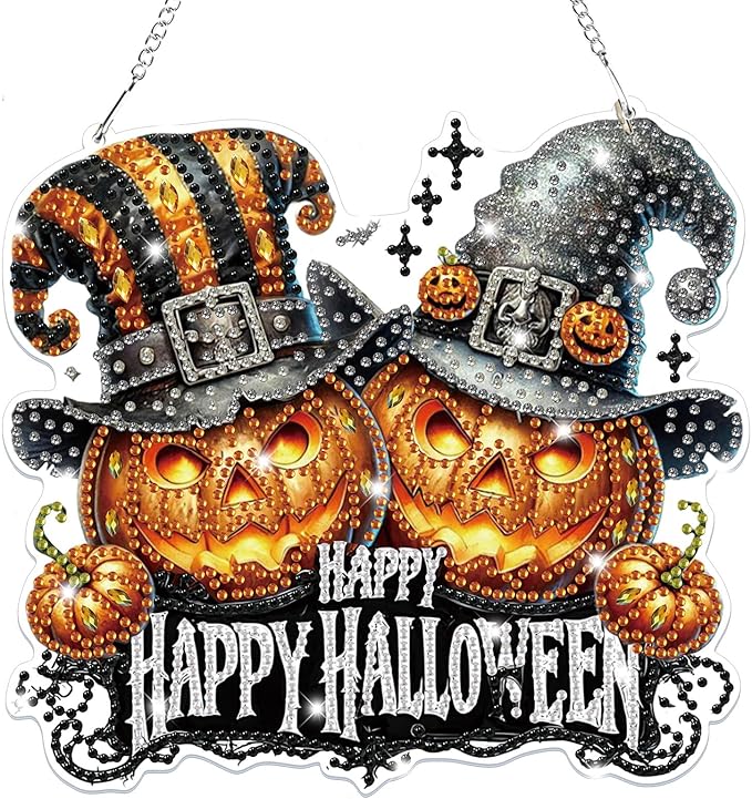 Bowetile Halloween Diamond Art Hanging Kits for Adults, Pumpkin Diamond Art Suncatchers, 5D Special Shape Diamond Painting Pendant Window Ornament Halloween Gifts for Home Garden Door Wall Decor