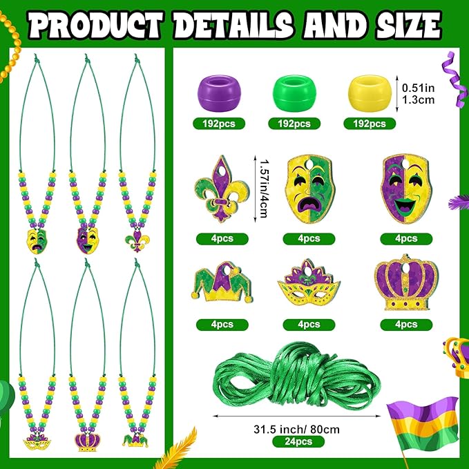 Ecally 24 Sets Mardi Gras Bead Necklaces Making Kit Carnival DIY Craft Kit Green Purple Beads Mask Fleur De Lis Pendant Necklaces for Masquerade Parades Jewelry Gifts Making Party Favors