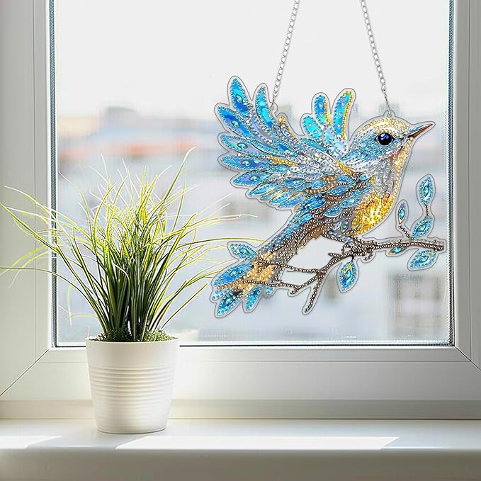 SENQAO Hummingbird Diamond Art Hanging Kits for Adults Kids, Acrylic Diamonds Painting Pendant Board Kit Bird, Diamond Art Painting Window Pendants Home Garden Wall Hanging Kits Hanging Ornament