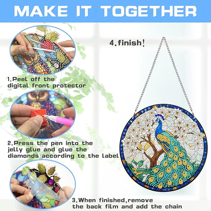 VAIIEYO Peacock Diamond Painting Hanging, Bird Animal Diamond Painting Suncatchers Window Hanging Kit with Chain, 7.5x7.5 inch Crystal Pendant Art Craft for Gift Home Wall Front Door Decoration